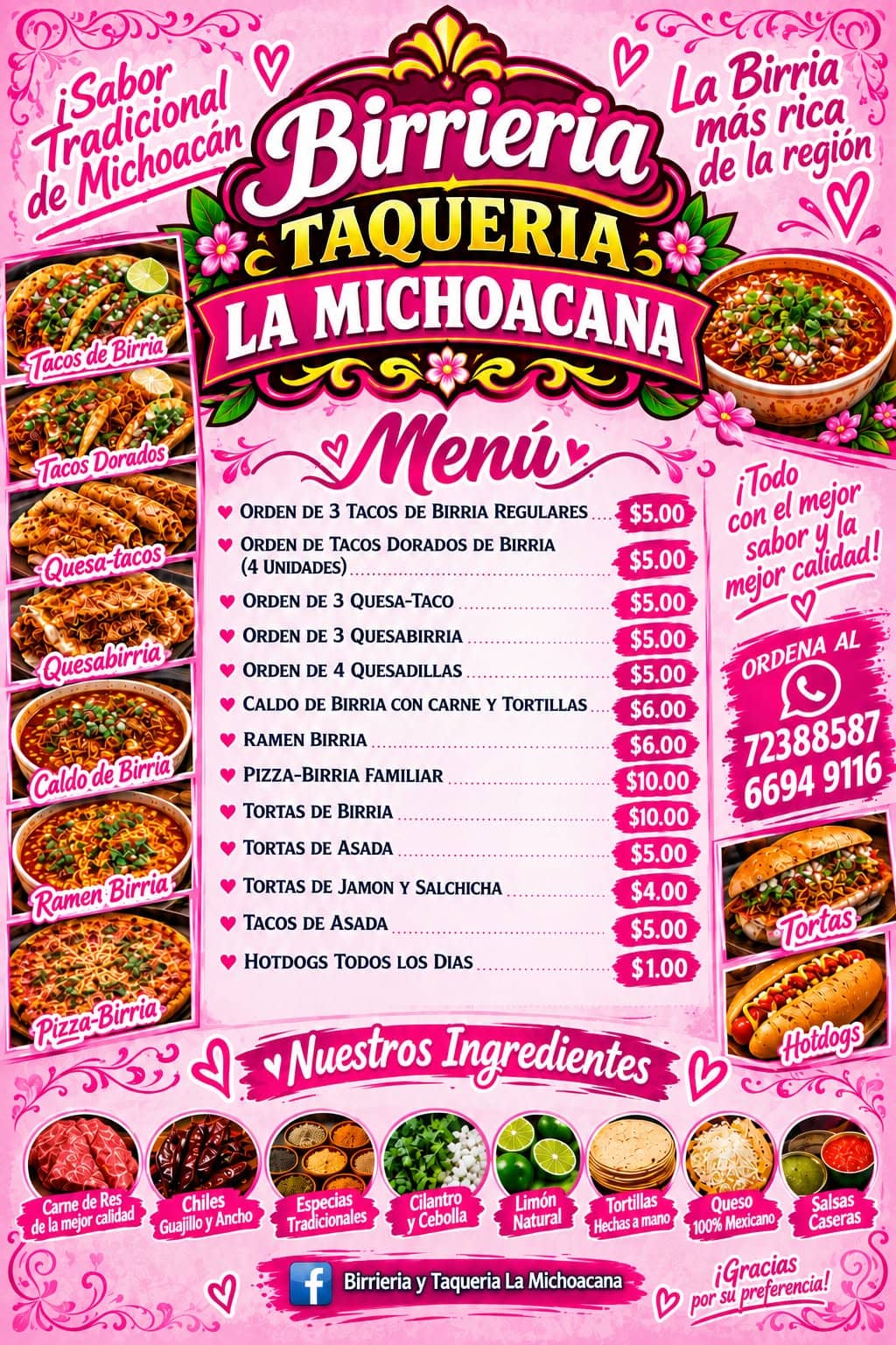 Menú del negocio. Las imágenes de los platillos son arte promocional, no fotografías documentales.